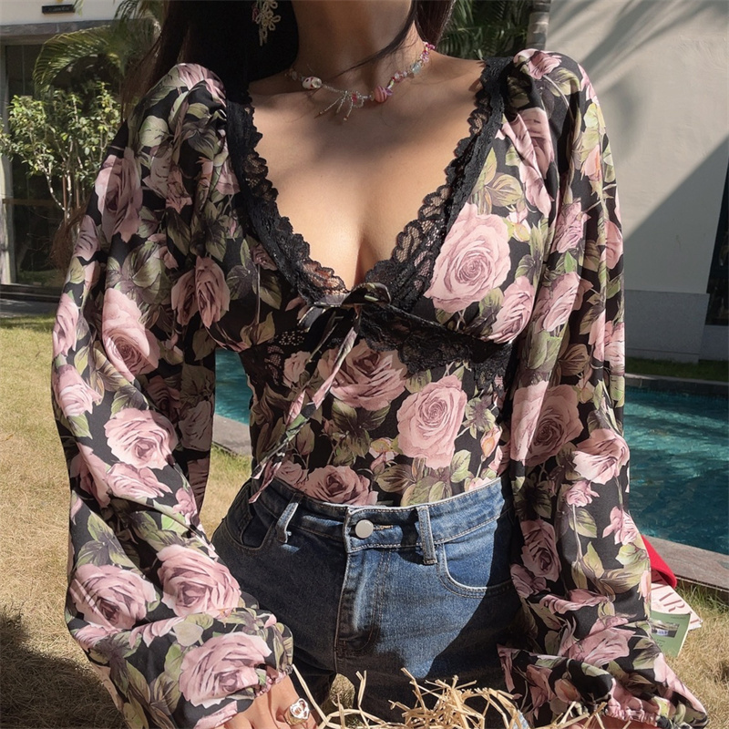 French Vintage Floral V-Neck Lantern Sleeve Blouse - Handmade Spring/Summer 2025, Waist-Cinched Vacation Top