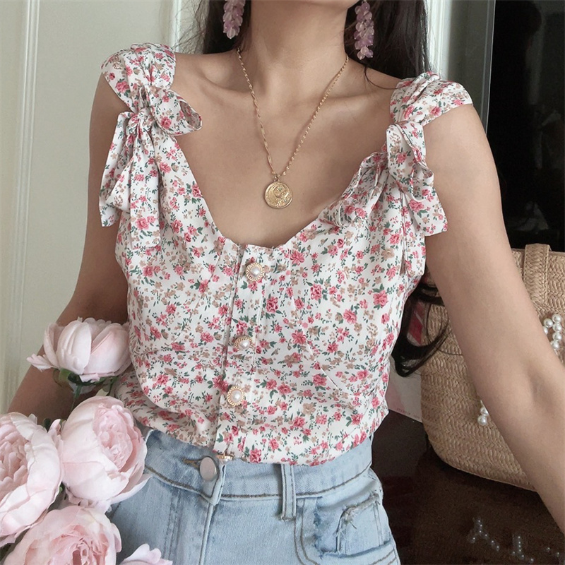 French Vintage Floral V-Neck Tie-Up Sleeveless Shirt Top for Vacation - 2025 Spring/Summer Romantic Style