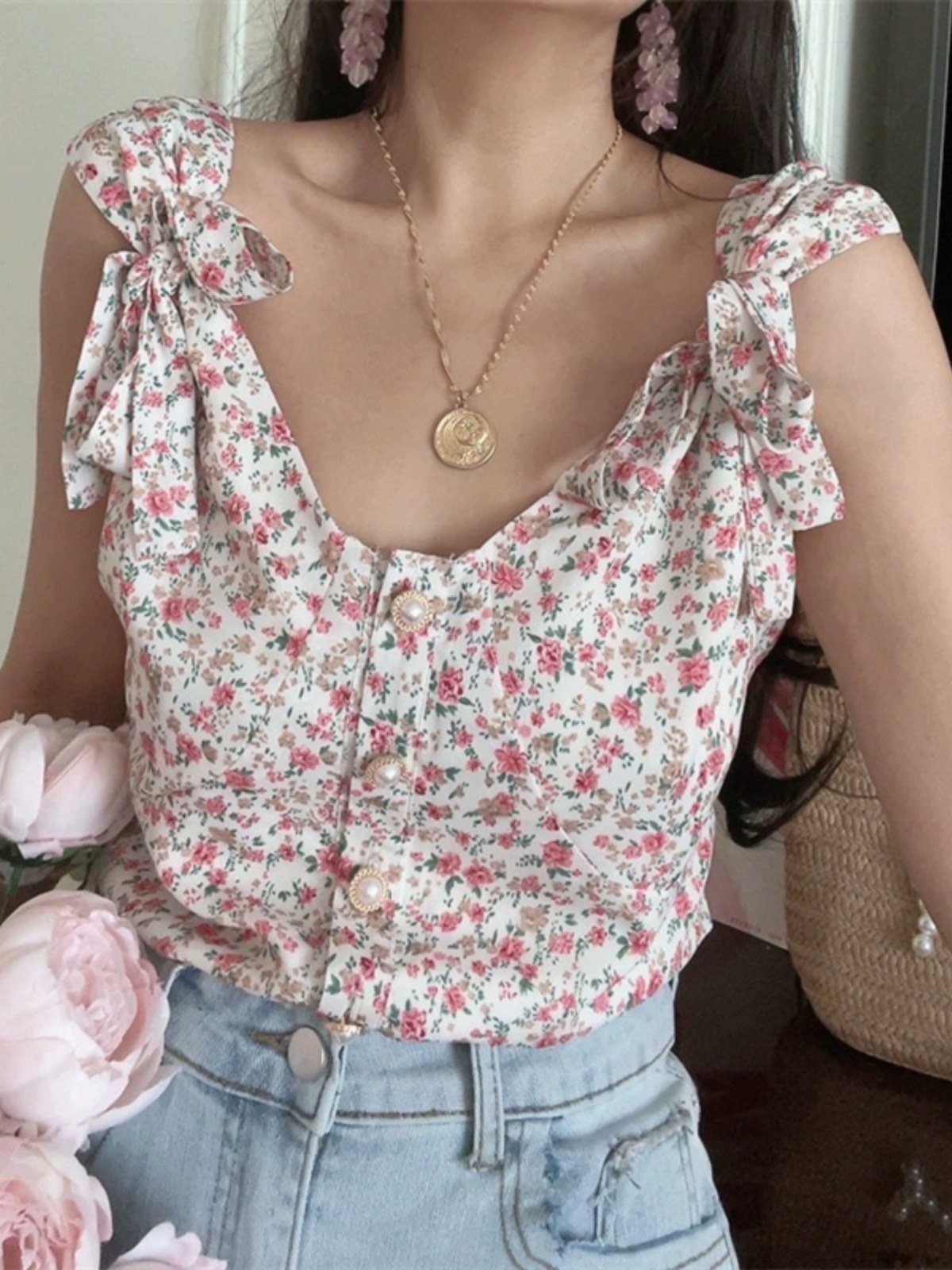 French Vintage Floral V-Neck Tie-Up Sleeveless Shirt Top for Vacation - 2025 Spring/Summer Romantic Style