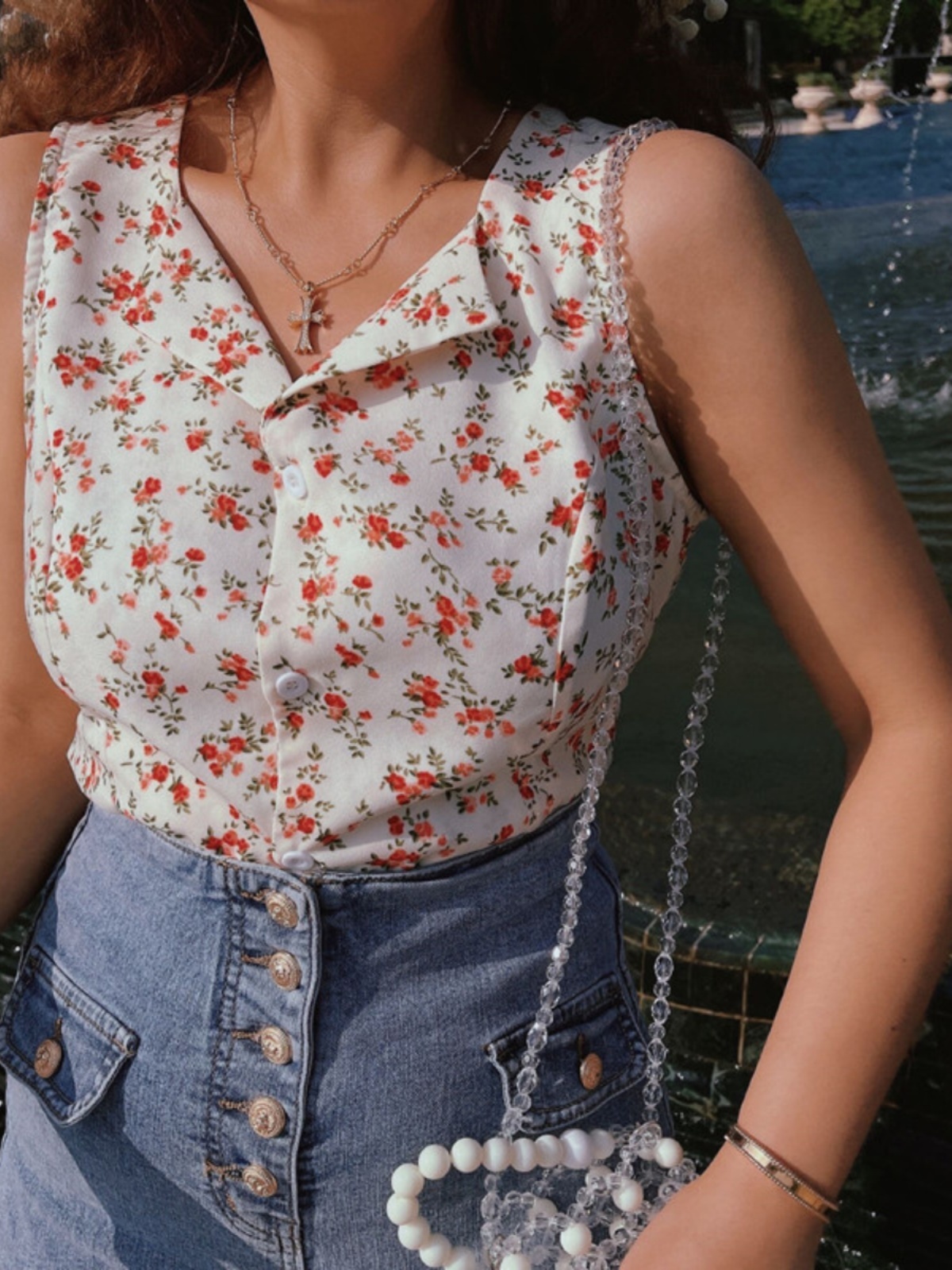 French Vintage Floral Waist-Defining Slim Fit Sleeveless Shirt Top for Women - 2025 Spring/Summer Fashion