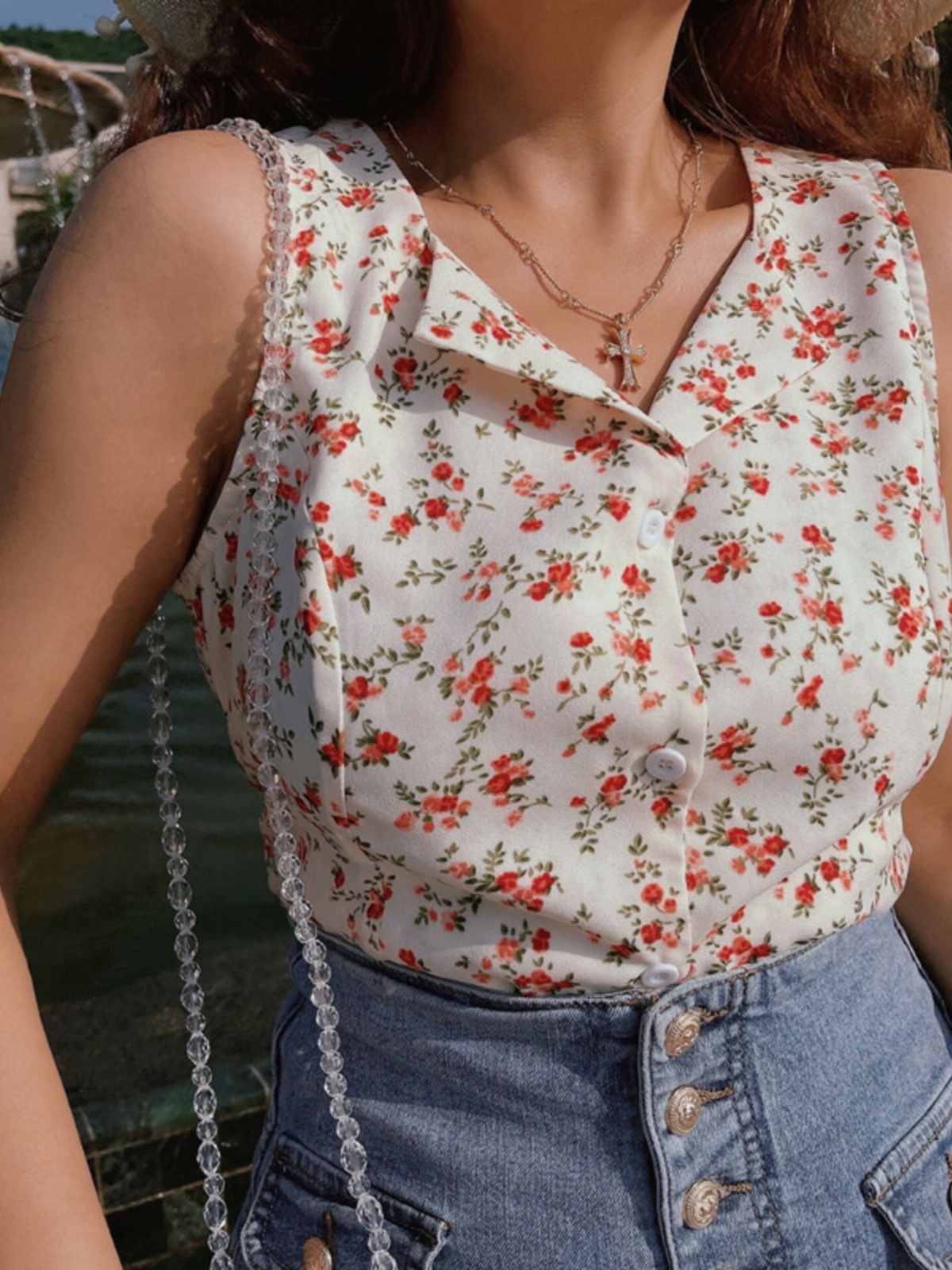 French Vintage Floral Waist-Defining Slim Fit Sleeveless Shirt Top for Women - 2025 Spring/Summer Fashion