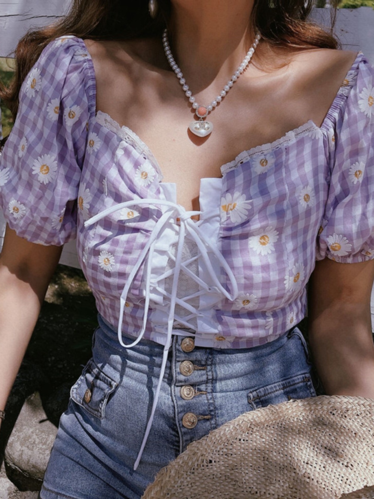 French Vintage Front Tie Daisy Print Square Neck Puff Sleeve Shirt Top for Spring/Summer 2025 - Chic 90s Inspired Fashion