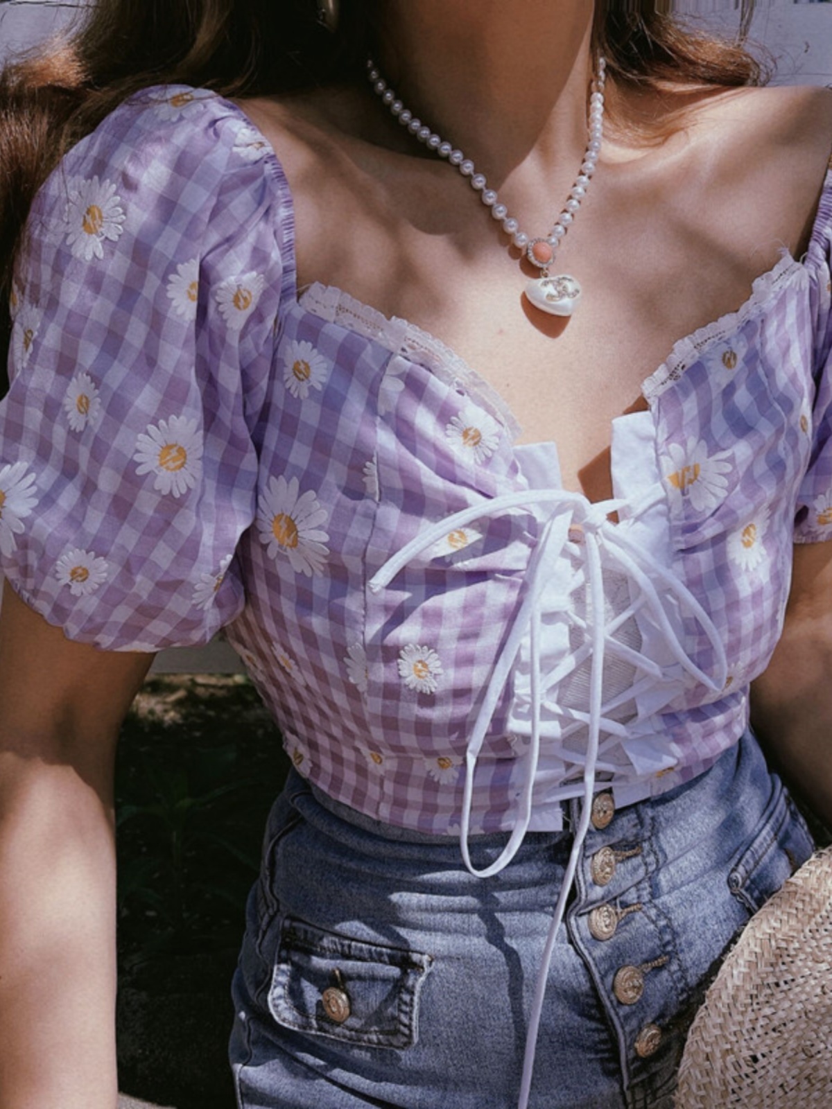 French Vintage Front Tie Daisy Print Square Neck Puff Sleeve Shirt Top for Spring/Summer 2025 - Chic 90s Inspired Fashion