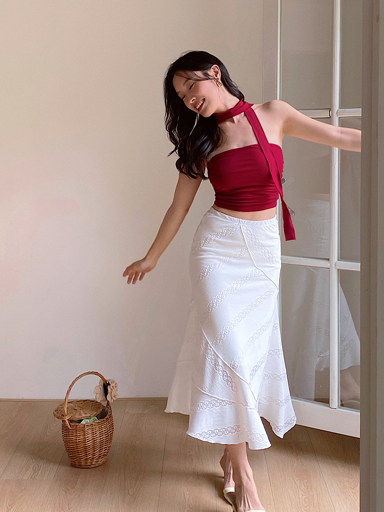 French Vintage Lace Mermaid Skirt with Irregular Hem - White Long Skirt for Boho and Y2K Style