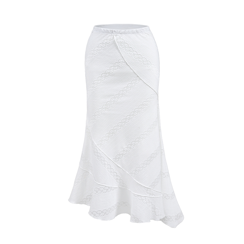 French Vintage Lace Mermaid Skirt with Irregular Hem - White Long Skirt for Boho and Y2K Style