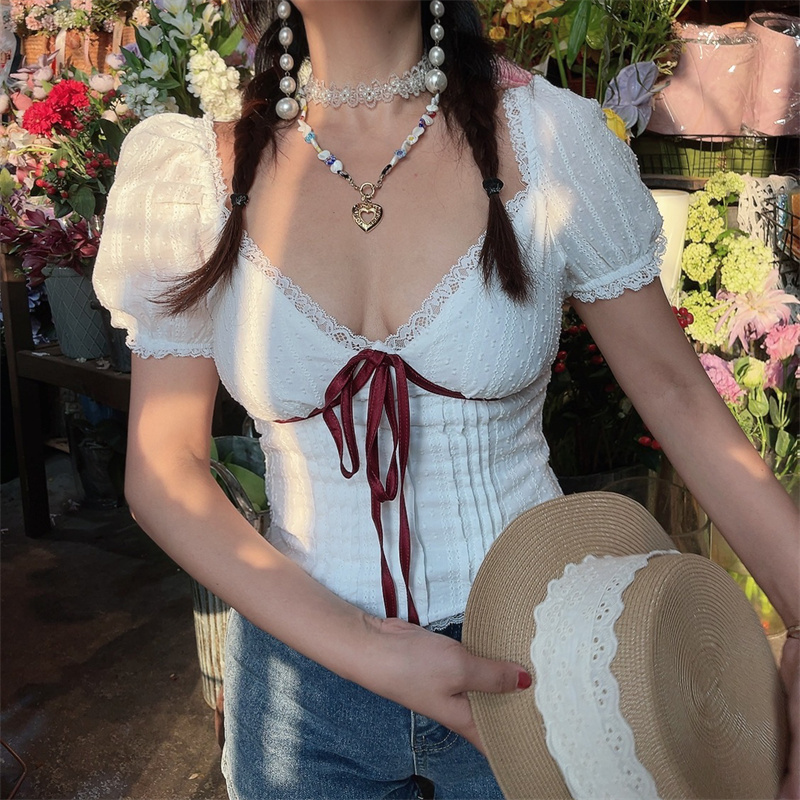 French Vintage Lace Trim Color-Blocked Bow Puff Sleeve Short-Sleeve Top - Handmade Spring/Summer Vacation Style