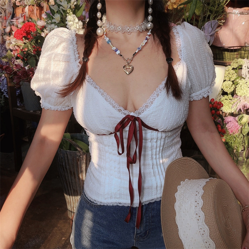 French Vintage Lace Trim Color-Blocked Bow Puff Sleeve Short-Sleeve Top - Handmade Spring/Summer Vacation Style