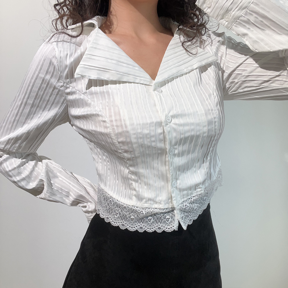 French Vintage Lace Trim High-Waisted Short Long Sleeve Shirt Top in Pure White - Cute Sweet Style for 90s Inspired Looks