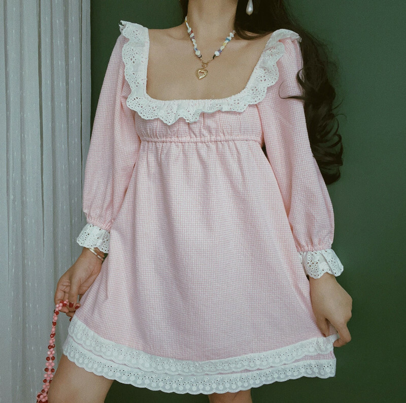 French Vintage Lace Trim Square Neck Vacation Dress - Chenopod Sweet Powder Moonlight 2025 Spring/Summer, Y2K Style