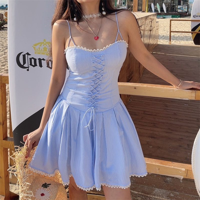 French Vintage Lace Trim Thin Strap Slip Dress - 2025 Spring/Summer Vacation Style for Women, Perfect for Y2K and Boho Looks