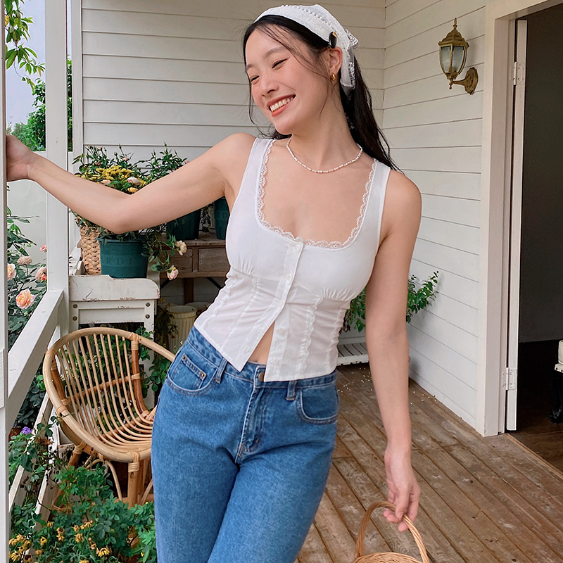 French Vintage Lace Vest Top - White Slim-Fit Sexy Design, Versatile Short Style for Y2K and 90s Fashion