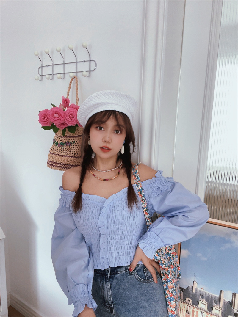 French Vintage One-Shoulder Lantern Sleeve Waist-Defined Short Blue Shirt Top - Early Autumn 2024 Fashion