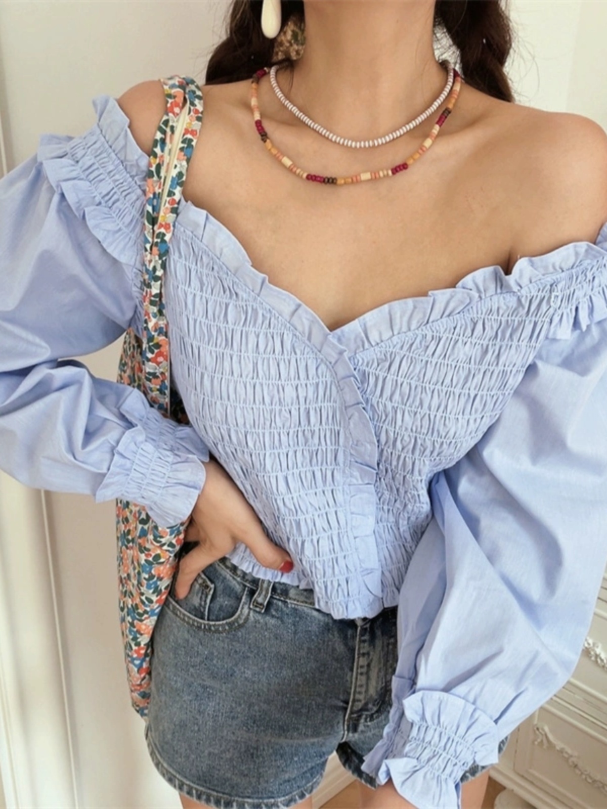 French Vintage One-Shoulder Lantern Sleeve Waist-Defined Short Blue Shirt Top - Early Autumn 2024 Fashion