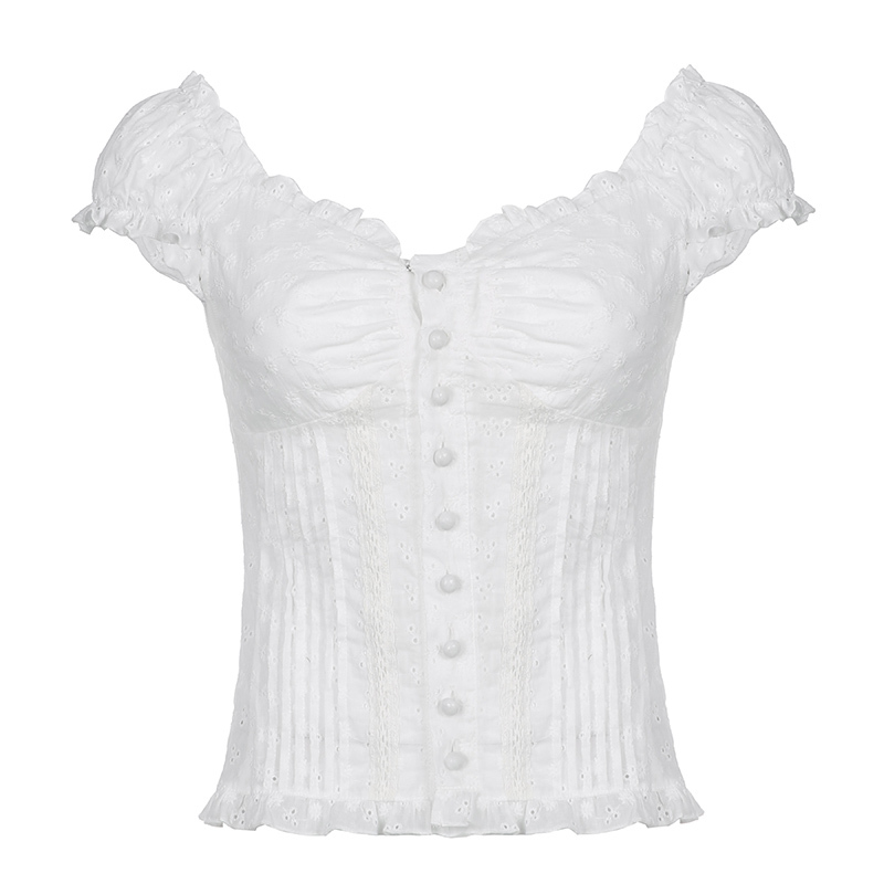 French Vintage Pleated Button Lace Trim Puff Sleeve Fitted Short Sleeve T-Shirt - Slim Fit Top for Y2K and Korean Style Fashion