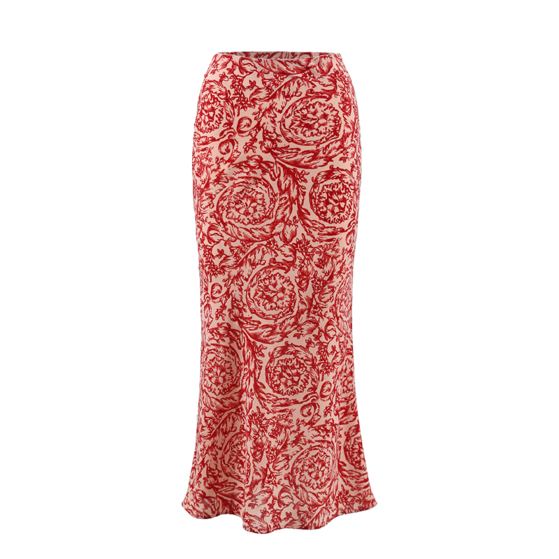 French Vintage Printed Midi Skirt in Bright Red - Vacation Style Long Wrap Skirt for Effortless 90s Chic