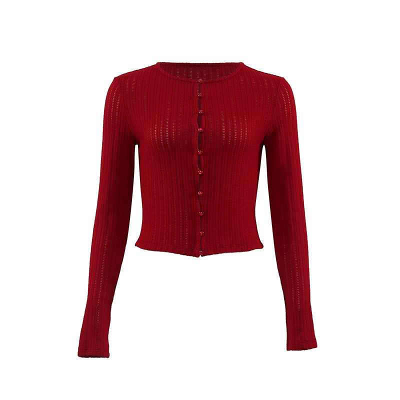 French Vintage Red Hollow Knit Cardigan for Women - Slim Fit, Flattering Round Neck, Long Sleeve - Stylish 90s Inspired Top