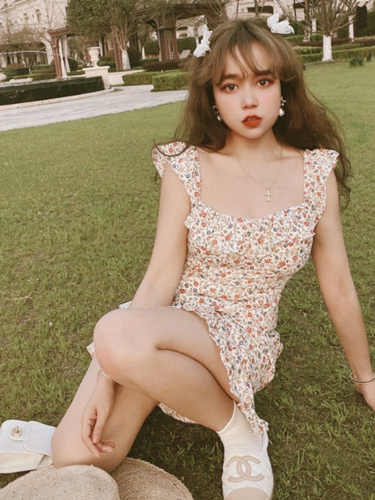 French Vintage Ruffled Big Collar Floral Dress for Women - Handmade Spring/Summer 2025, Trendy 90s Style