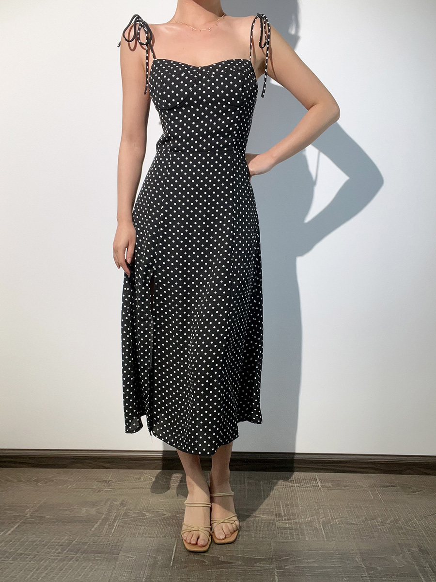 French Vintage Sexy Strapless Lace-Up Black and White Polka Dot Slim-Fit Long Camisole Dress - Y2K Style