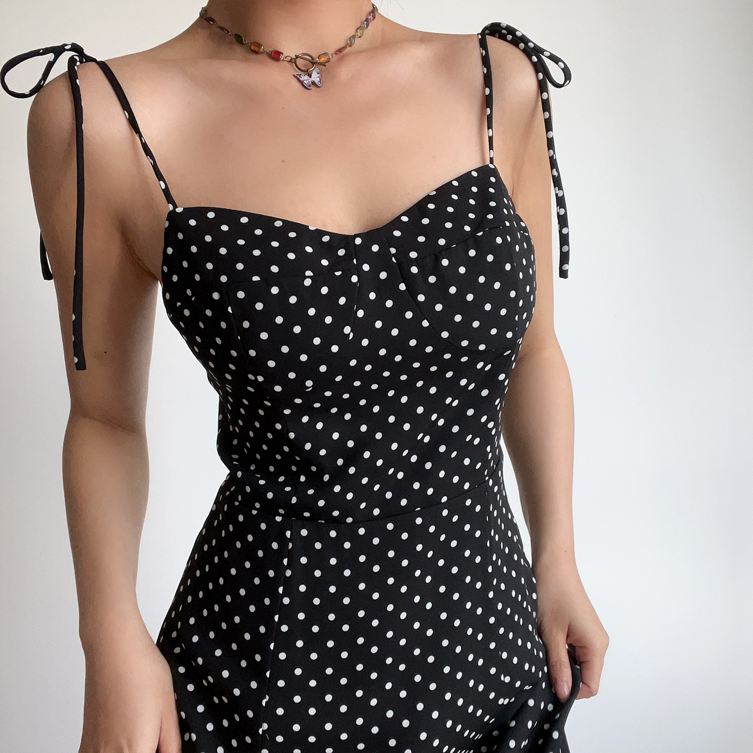 French Vintage Sexy Strapless Lace-Up Black and White Polka Dot Slim-Fit Long Camisole Dress - Y2K Style