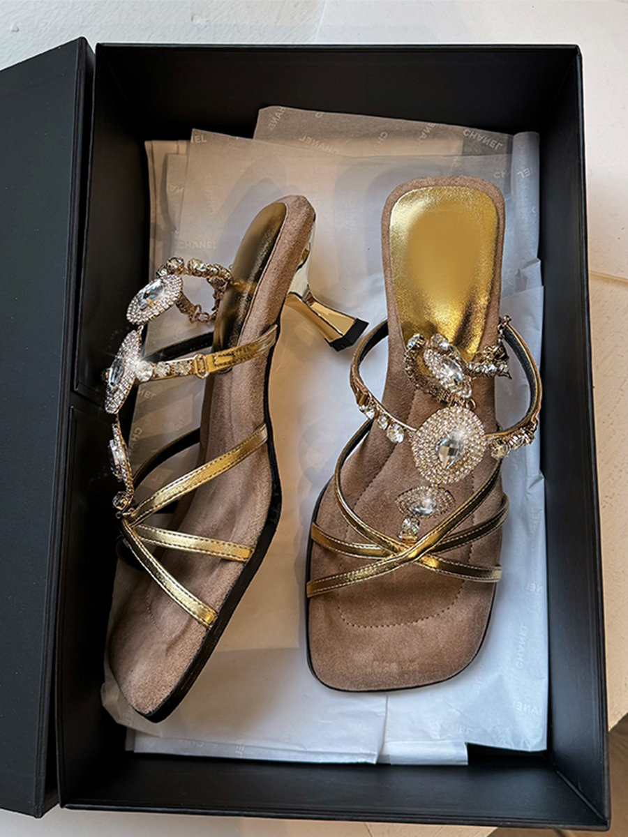 French Vintage Sheepskin High-Heeled Roman Sandals for Women - Summer Rhinestone One-Strap Genuine Leather Square-Toe Design