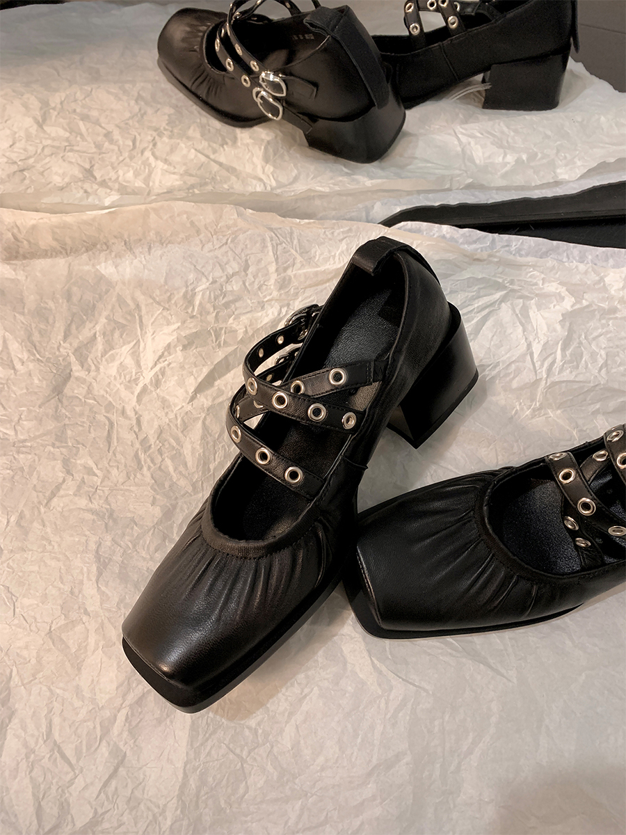 French Vintage Sheepskin Square-Toe Ballet Shoes for Women, Chunky Heels Cross-Strap Mary Janes, Genuine Leather Flats