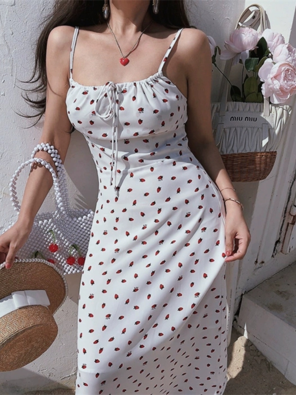 French Vintage Small Strawberry Floral Tie Waist Slip Dress - 2024 Spring Collection, Perfect for Vacation and Y2K Style