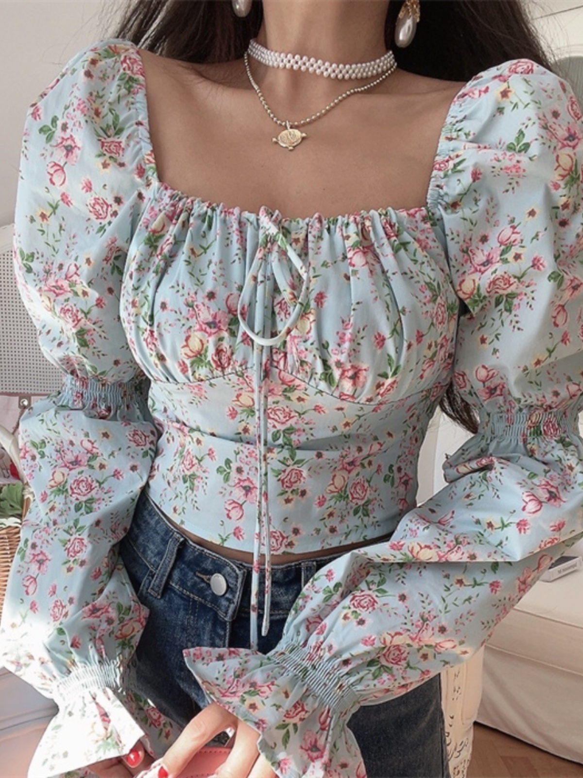 French Vintage Square Neck Lantern Sleeve Floral Vacation Top - Handmade Spring/Summer 2025, Boho Chic Style