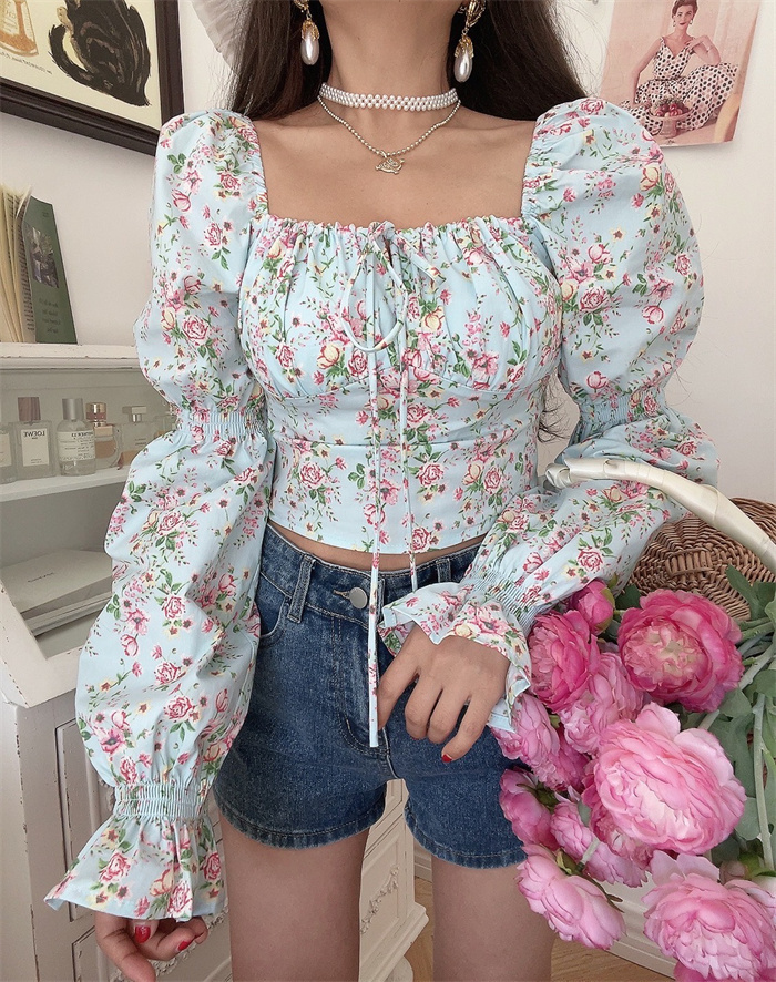 French Vintage Square Neck Lantern Sleeve Floral Vacation Top - Handmade Spring/Summer 2025, Boho Chic Style