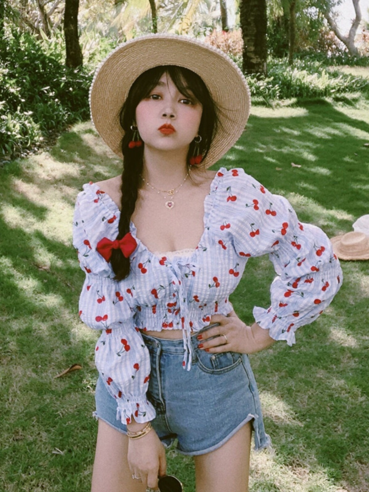 French Vintage Square Neck Puff Sleeve Drawstring Short Crop Top - 2025 Spring/Summer Fashion, Y2K Inspired, Chic Style
