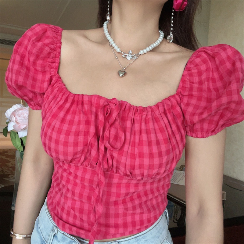 French Vintage Square Neck Puff Sleeve Raspberry Pink Short Sleeve Top - 2024 Spring/Summer Vacation Style