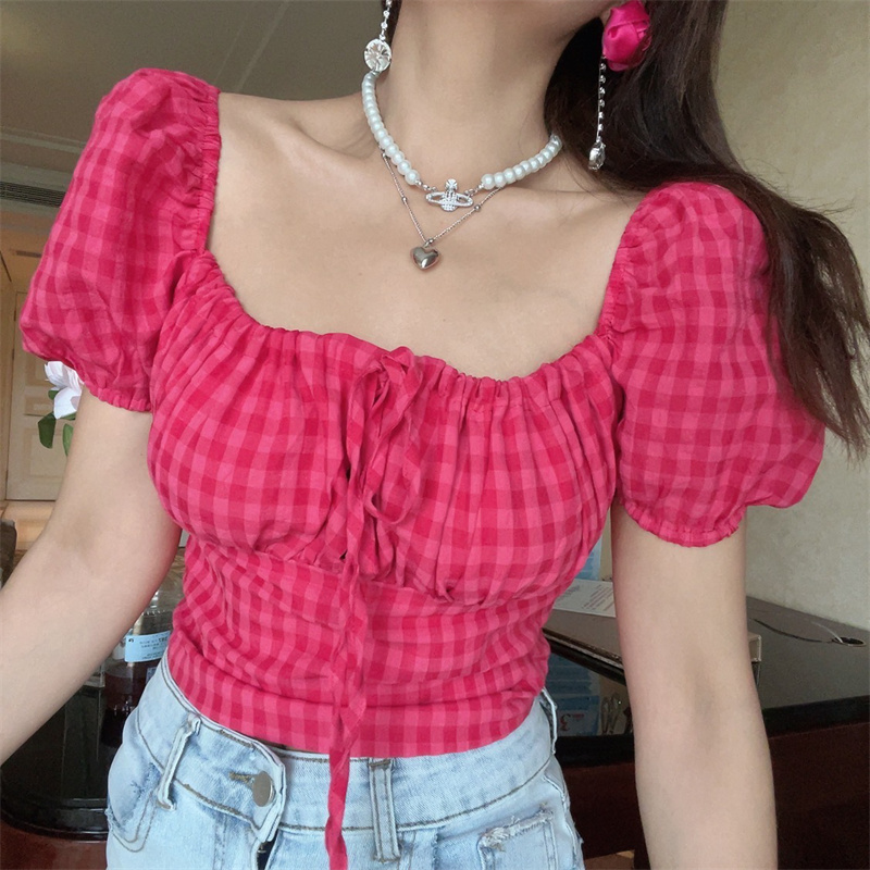 French Vintage Square Neck Puff Sleeve Raspberry Pink Short Sleeve Top - 2024 Spring/Summer Vacation Style