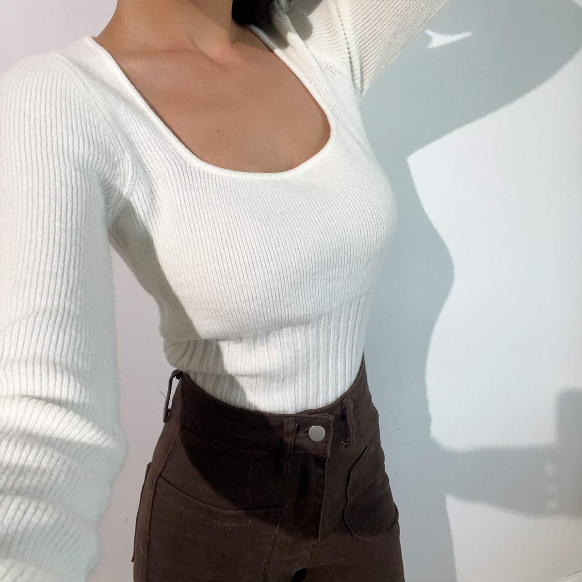 French Vintage Square Neck Solid Color Slim Fit Long Sleeve Knit Sweater Top - Retro Chic Pullover for Effortless Style