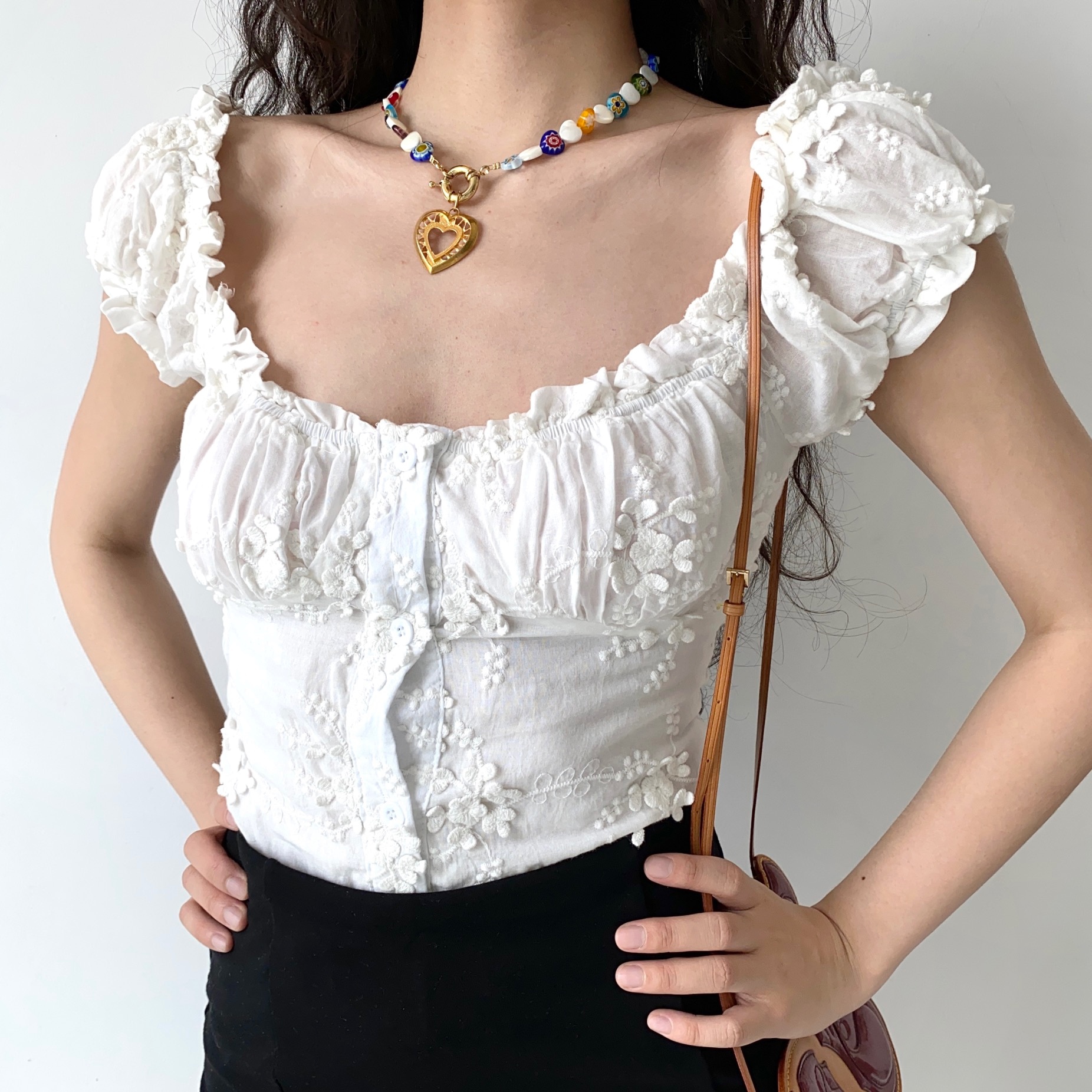 French Vintage U-neck Puff Sleeve White Embroidered Shirt for Women - Slim Fit Short Top, Perfect for Y2K and Casual Chic Style