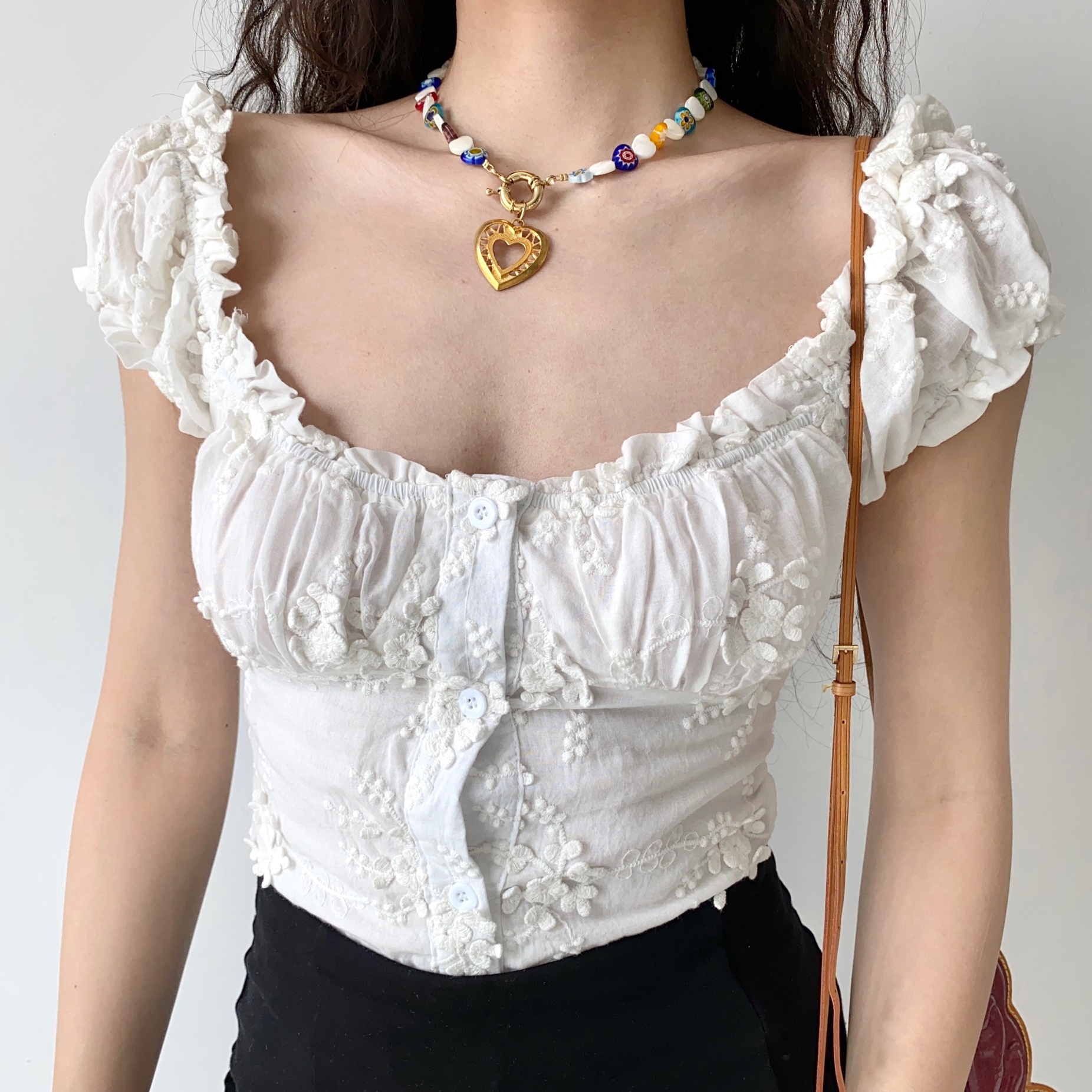 French Vintage U-neck Puff Sleeve White Embroidered Shirt for Women - Slim Fit Short Top, Perfect for Y2K and Casual Chic Style