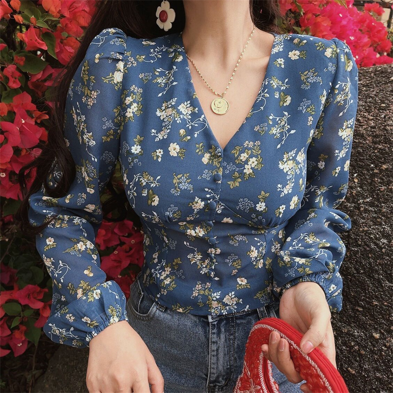 French Vintage V-Neck Puff Sleeve Ultra Slimming Long Sleeve Blouse - Chiffon Shirt for Vacation - Spring/Summer 2025 Fashion
