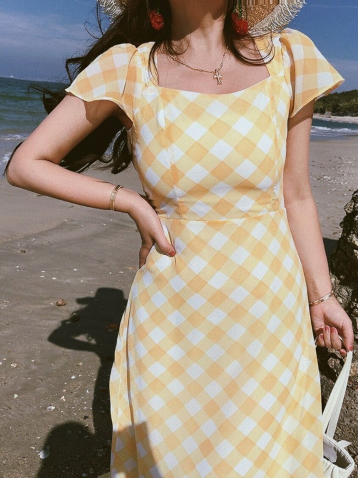 French Vintage Yellow Checkered Mermaid Dress with Small Flare Sleeves for Women - Spring/Summer Vacation Style