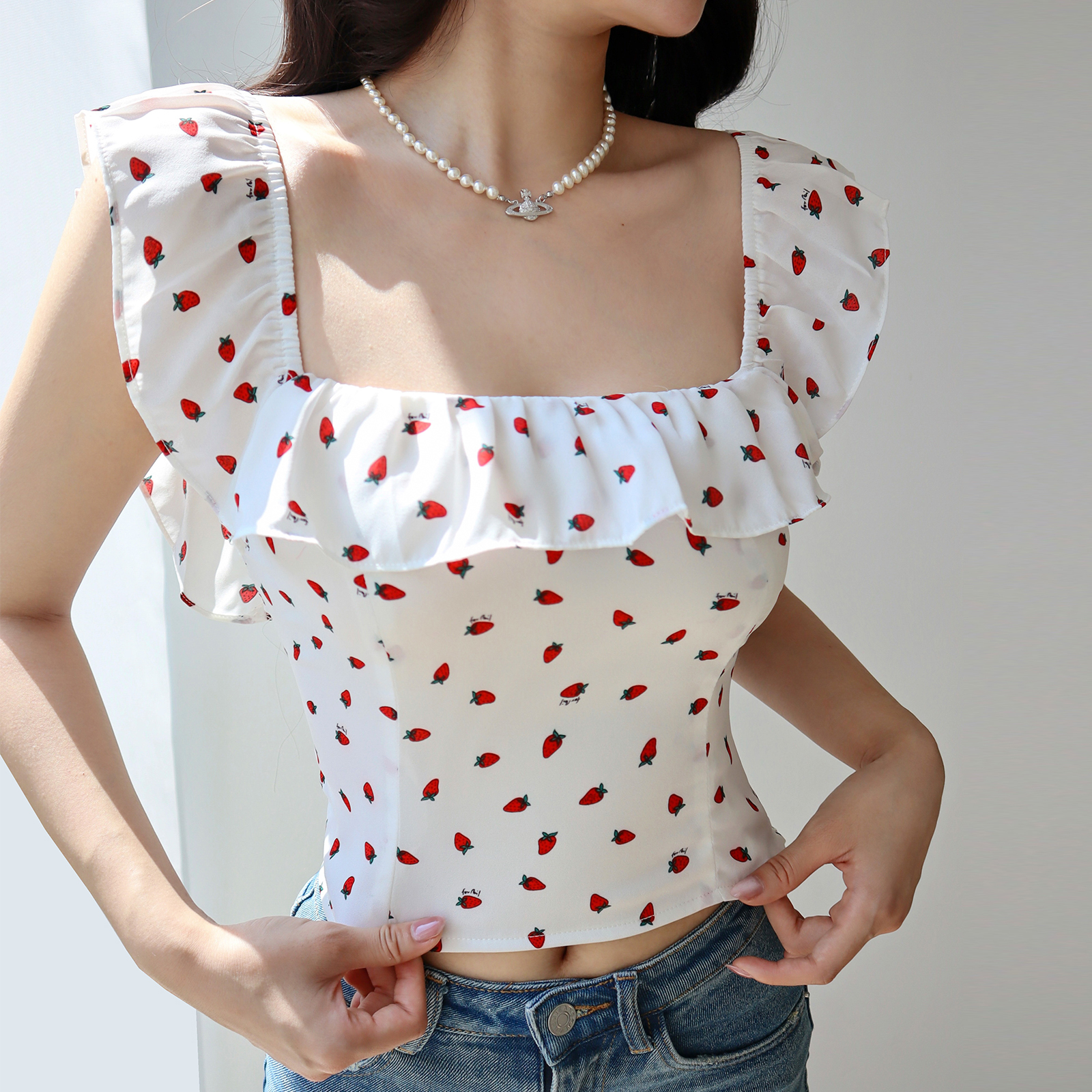 Fresh Girl Short Ruffle Collar Square Neck Strawberry Top with Puff Sleeves - Vacation Ready Women's Blouse