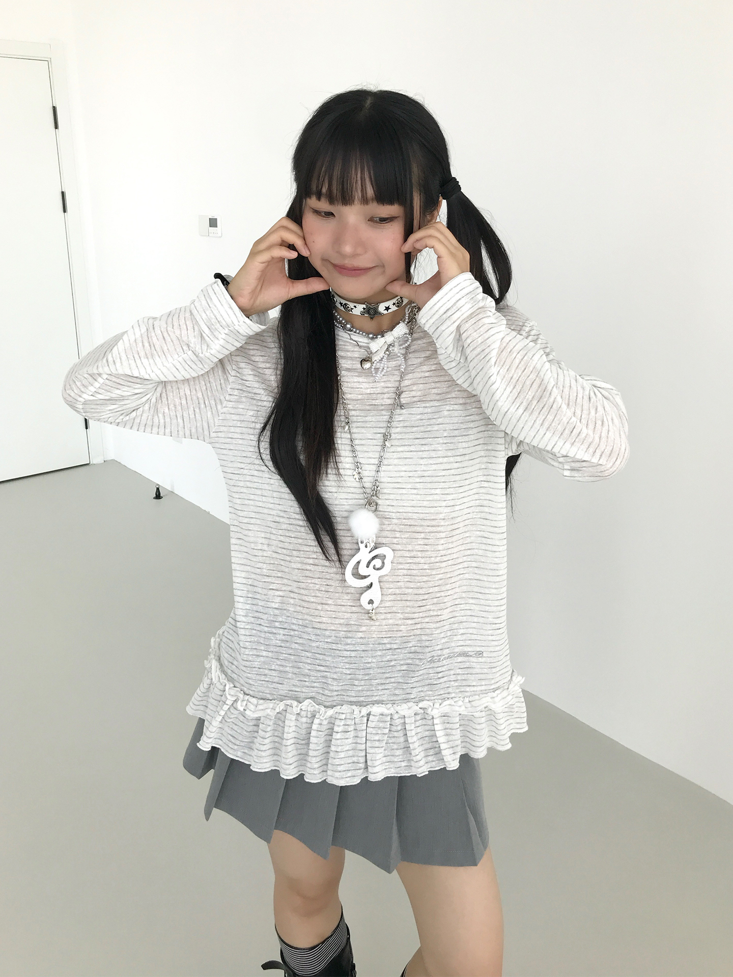Freshwater Micro Long Lace Embroidered Sheer Striped Casual Layered Round Neck Loose Long Sleeve Top