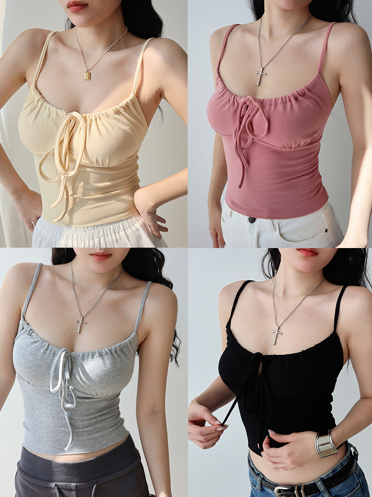 Front Pleated Tie Strap Tank Top for Girls - Slim Fit, Waist-Defining, Short Base Layer - European and American Style