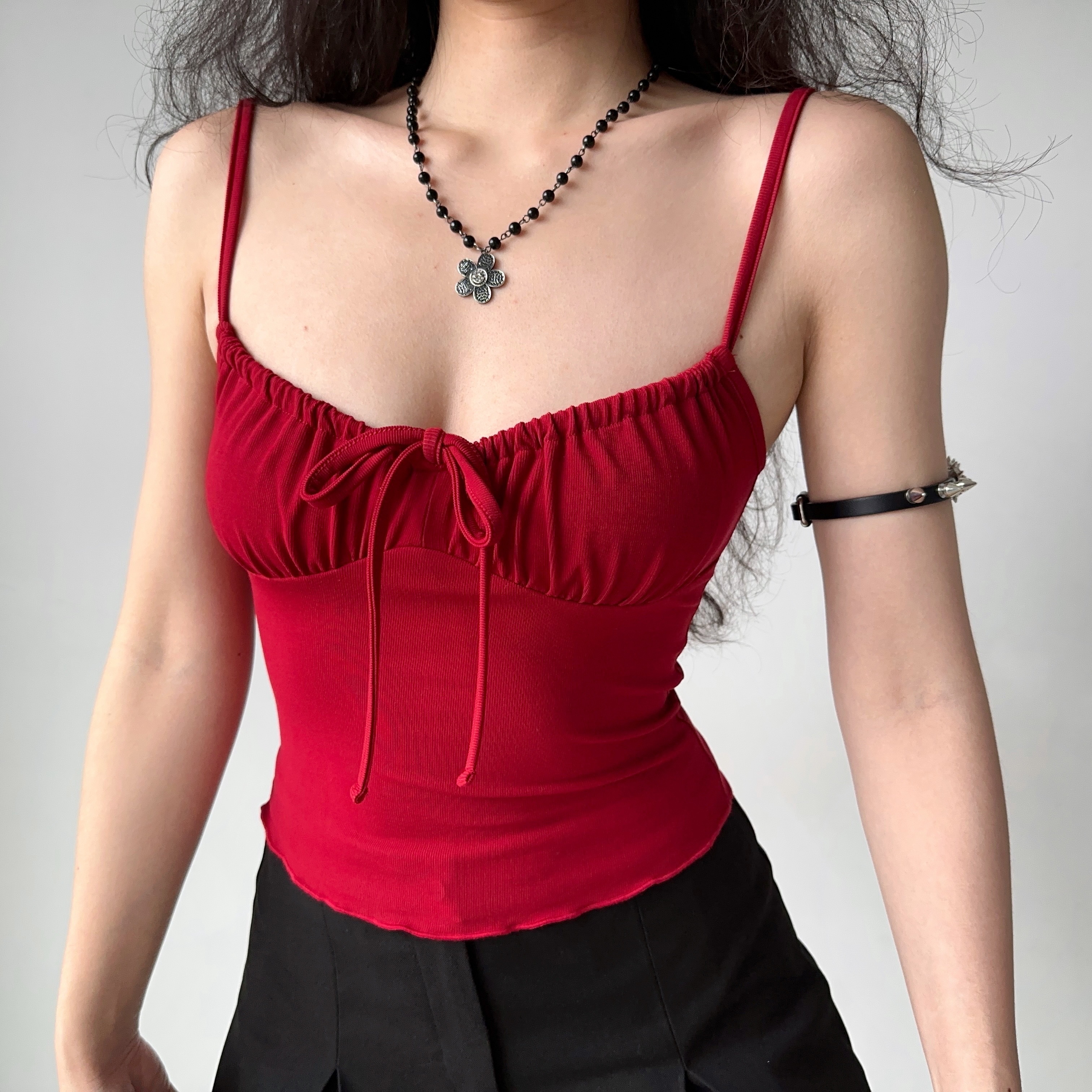 Front Pleated Tie Strap Tank Top for Women - Slim Fit Summer Style, European & American Inspired