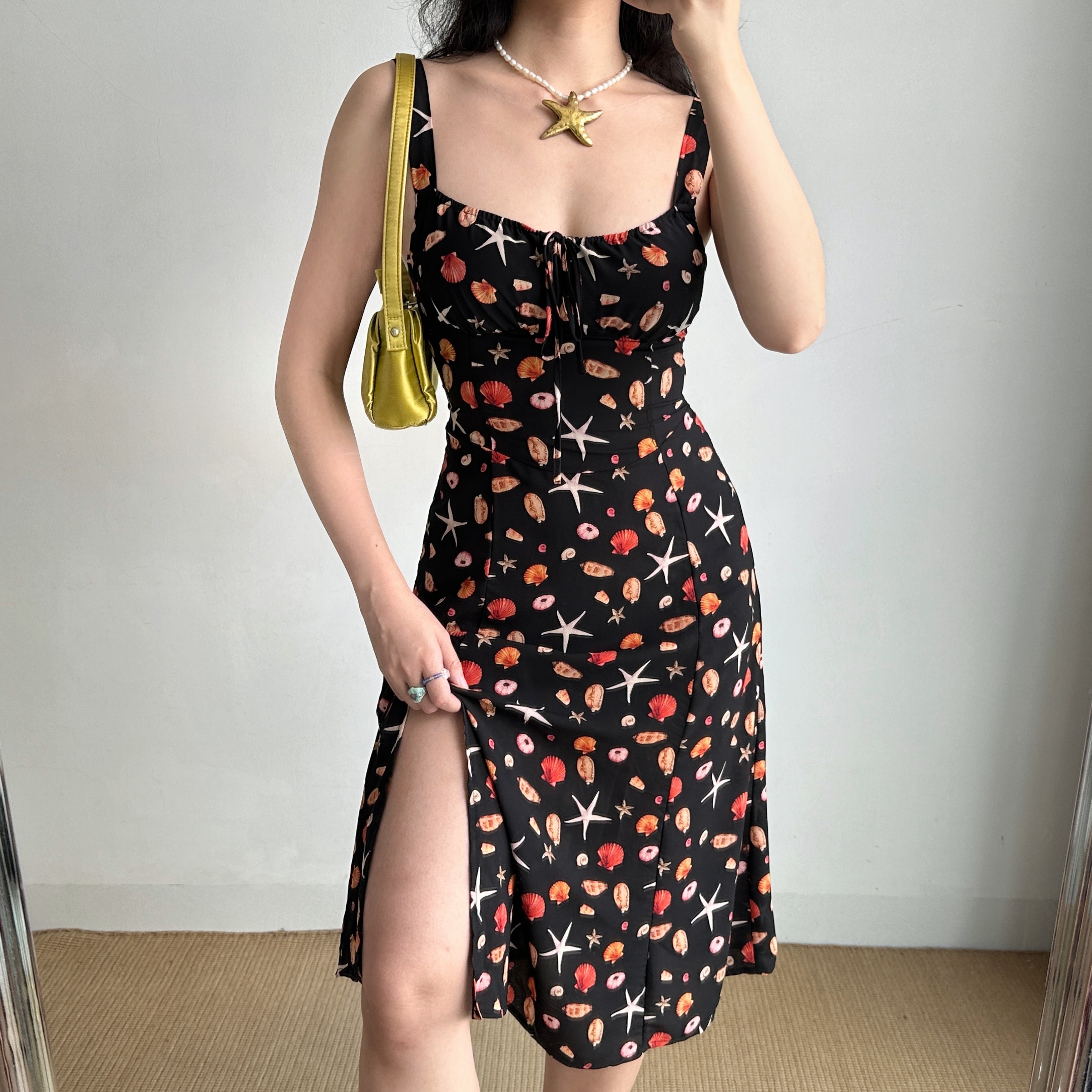 Front Tie Beach Printed Camisole Dress - Summer Mid-Length Split Dress in European and American Style, Perfect for Vacation or Casual Outings