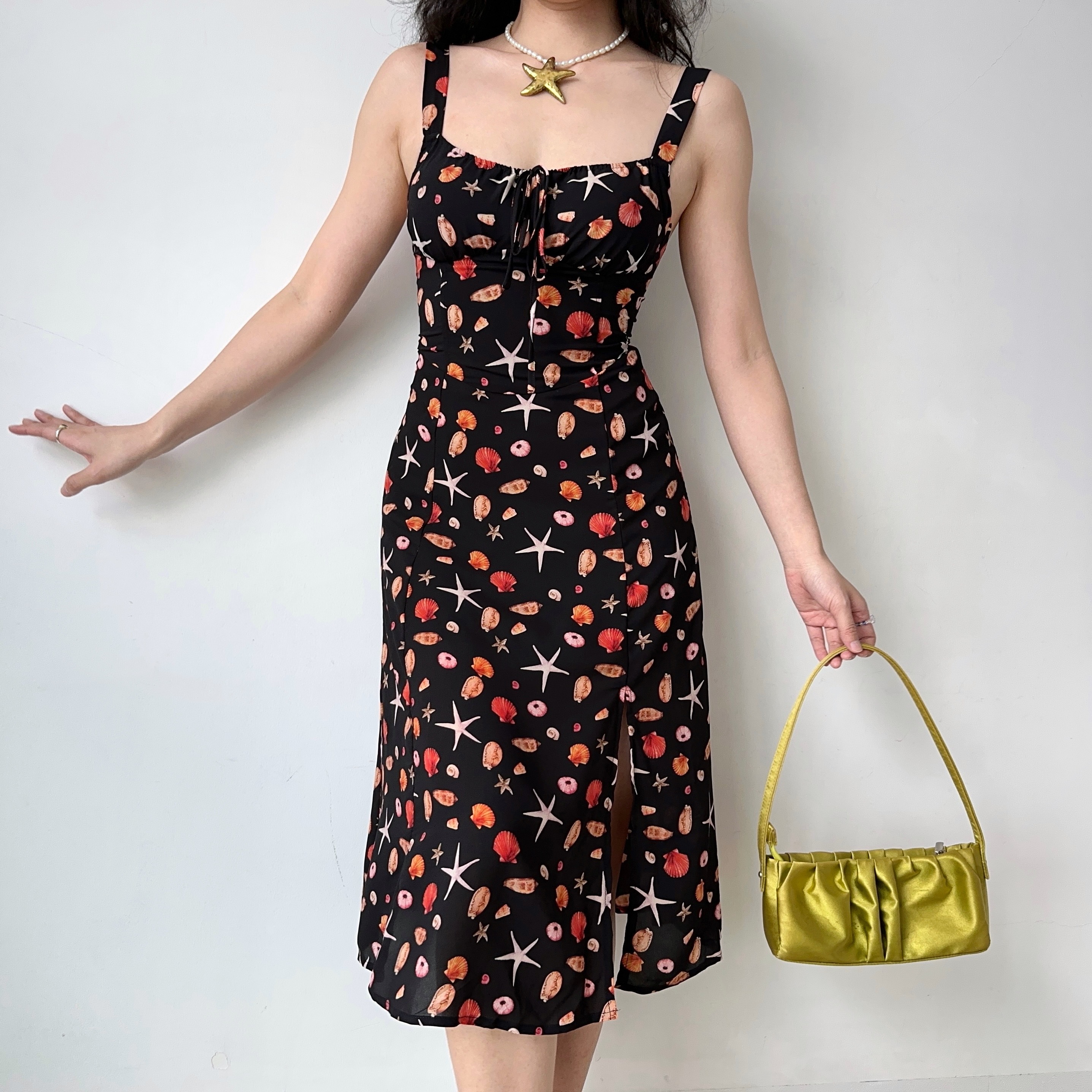 Front Tie Beach Printed Camisole Dress - Summer Mid-Length Split Dress in European and American Style, Perfect for Vacation or Casual Outings