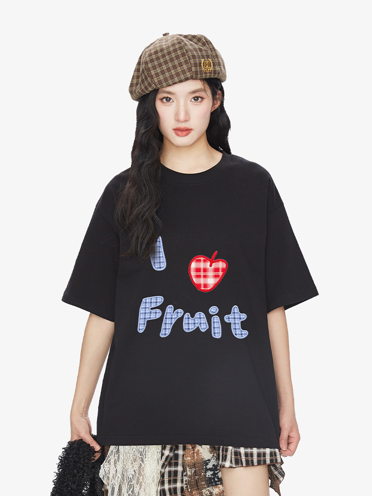 Fruit Letter Print Short Sleeve Women's T-shirt - 2025 Summer Casual Pure Cotton in Korean Style - White Tee