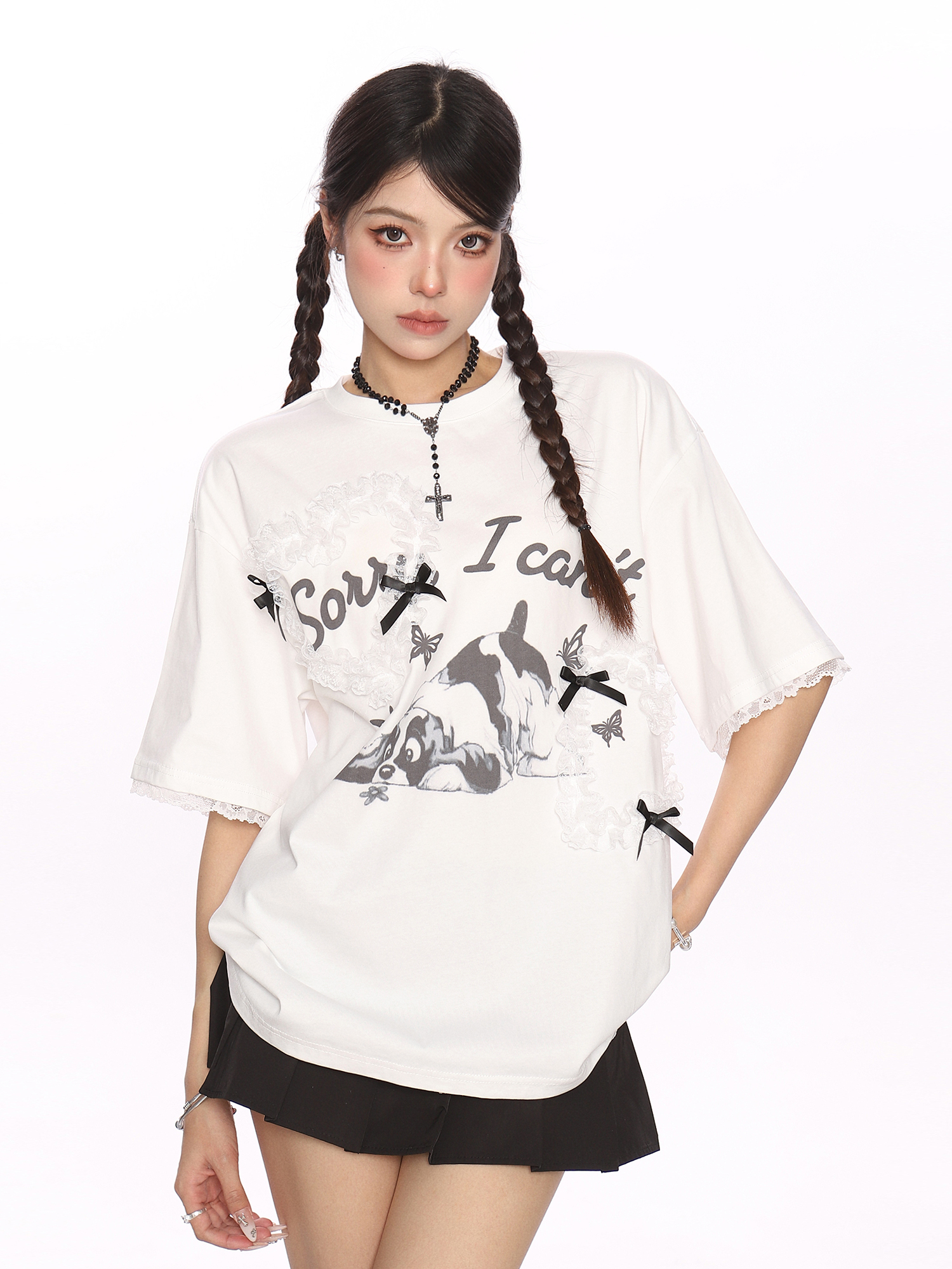 Fun Cartoon Dog Lace Trim Short Sleeve T-Shirt for Women - Summer Casual Top in Cute Y2K Style