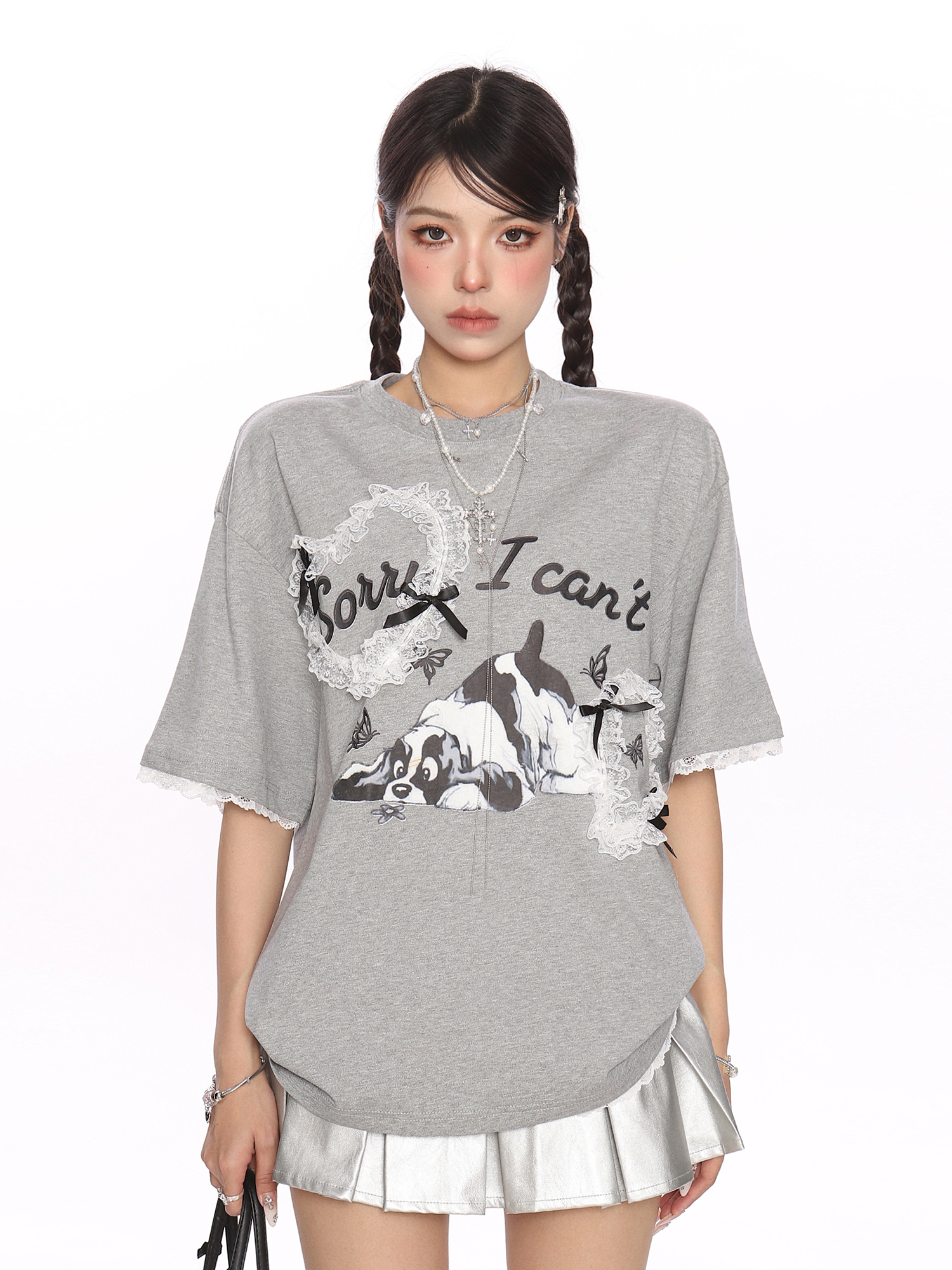 Fun Cartoon Dog Lace Trim Short Sleeve T-Shirt for Women - Summer Casual Top in Cute Y2K Style