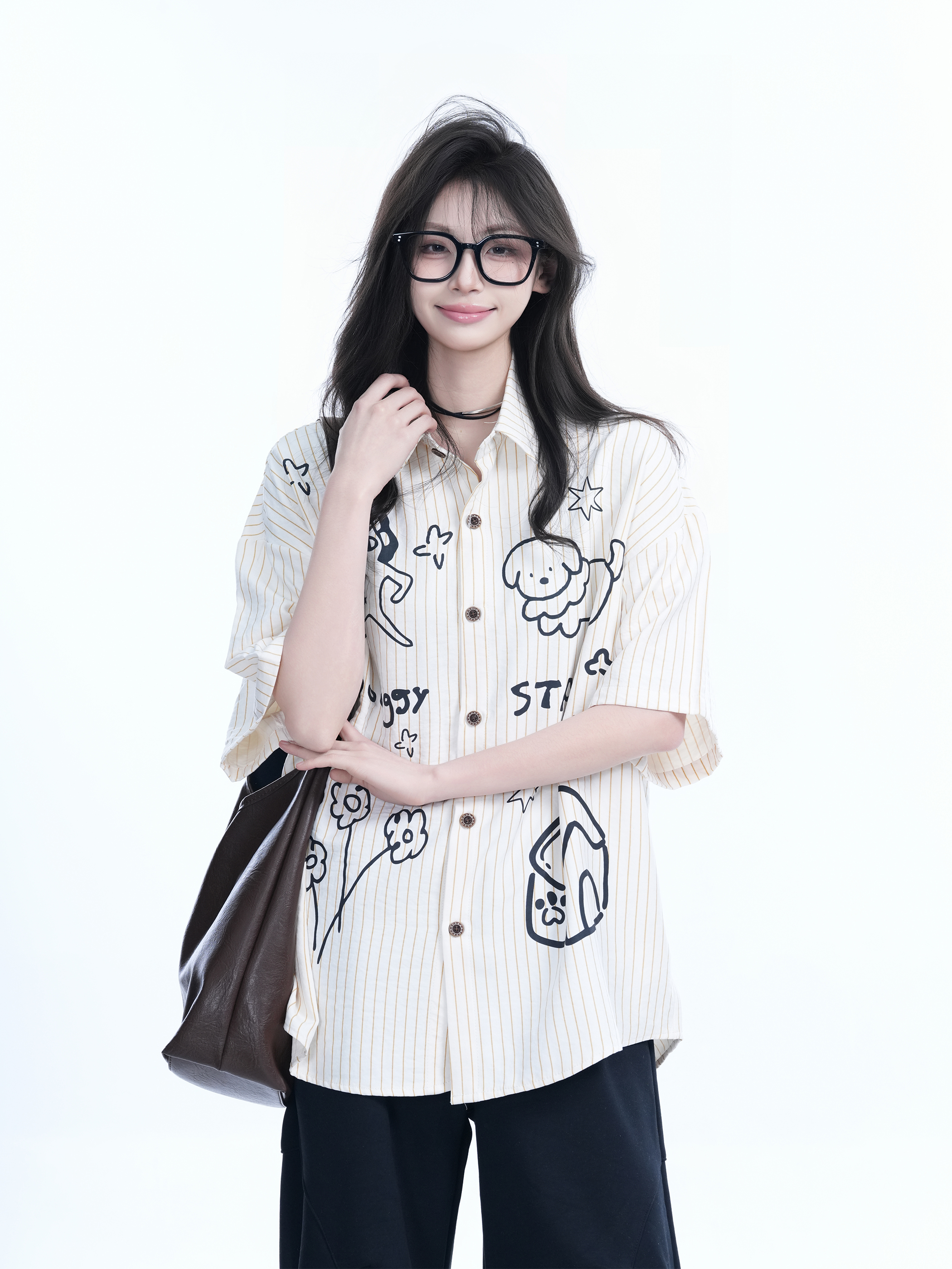 Fun Cartoon Doodle Dog Vertical Striped Short-Sleeve Shirt for Women, Loose Fit Trendy Top, Casual 90s Style