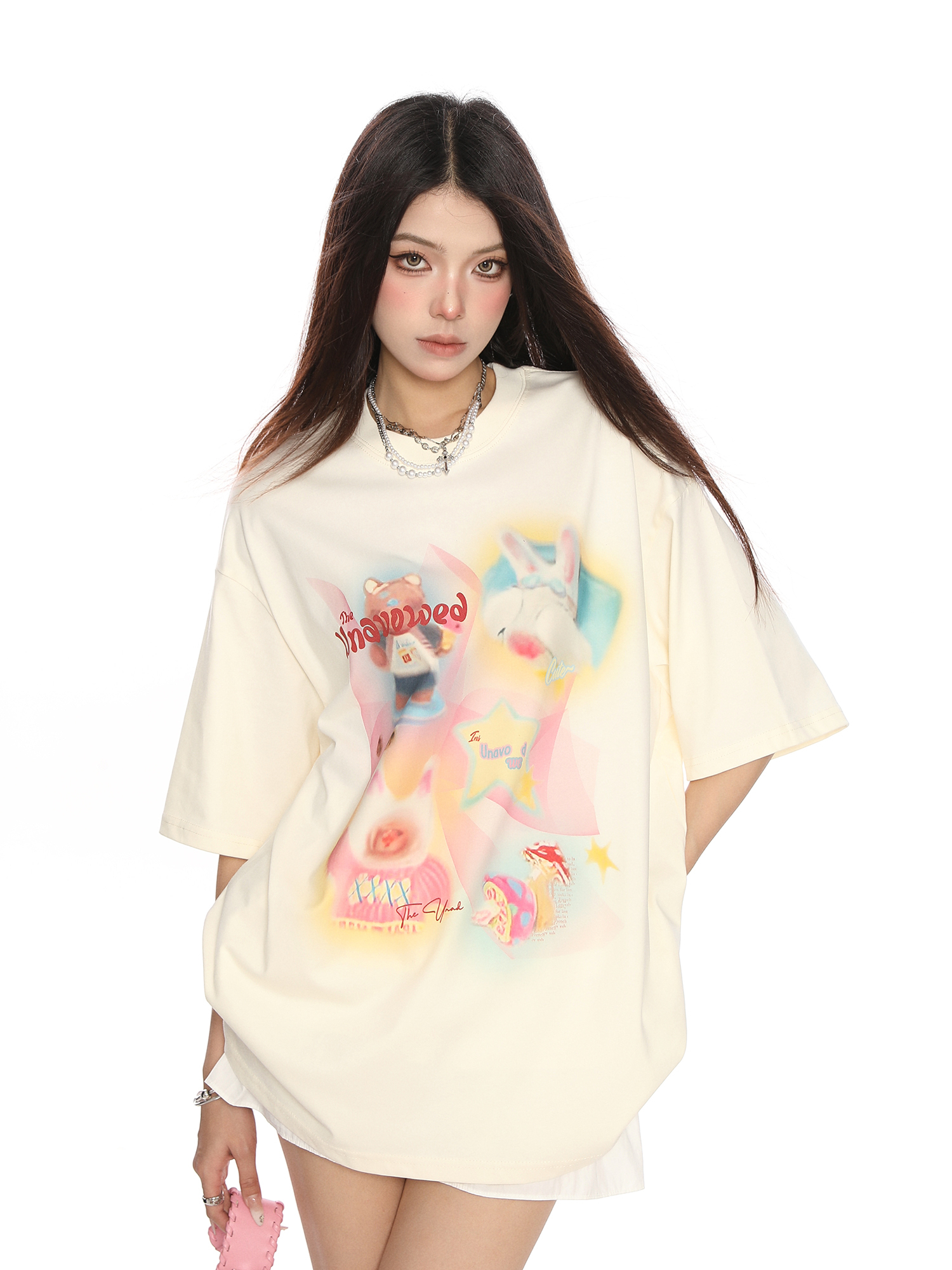 Fun Cartoon Print Graffiti Short Sleeve T-Shirt for Women - Casual Loose Summer Top in Trendy Lazy Style