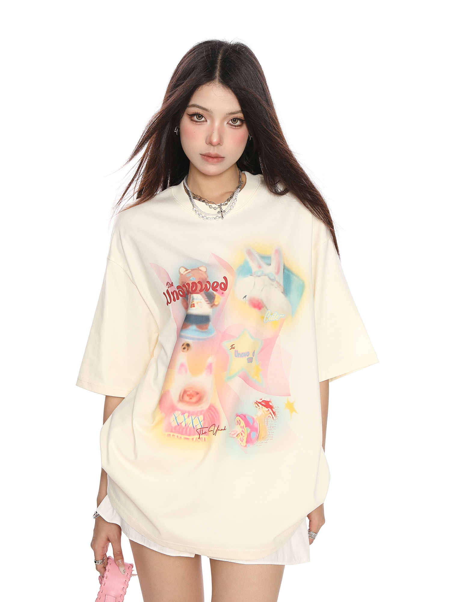 Fun Cartoon Print Graffiti Short Sleeve T-Shirt for Women - Casual Loose Summer Top in Trendy Lazy Style
