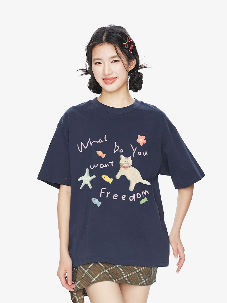 Fun Clay Cat Print Korean-Style Short Sleeve Women's T-Shirt - Summer 2025 Fashion, Versatile and Trendy Top