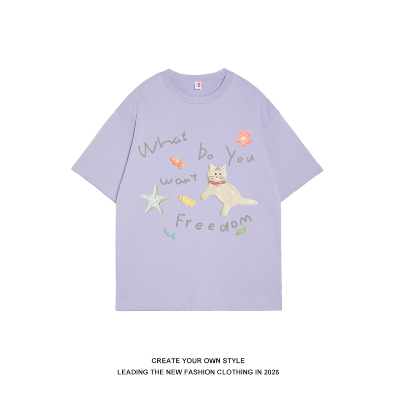 Fun Clay Cat Print Korean-Style Short Sleeve Women's T-Shirt - Summer 2025 Fashion, Versatile and Trendy Top
